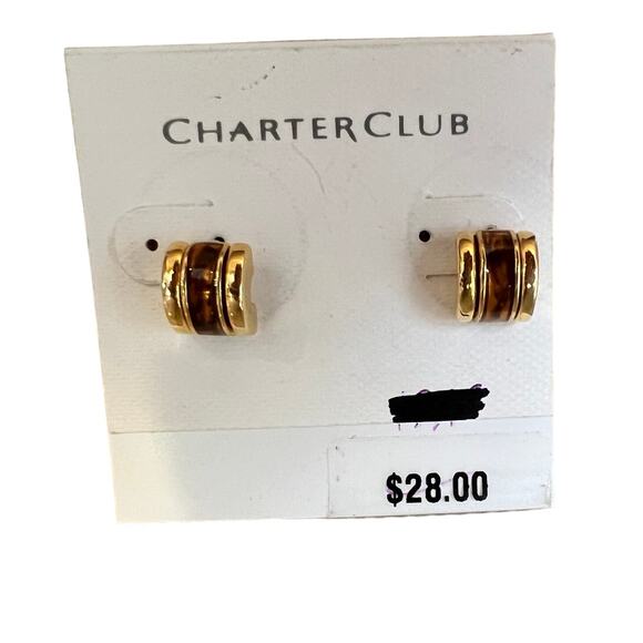 Vintage 90s Charter Club Gold Half Barrel Stud Earrings Copper Tortoise Inset - Picture 1 of 3